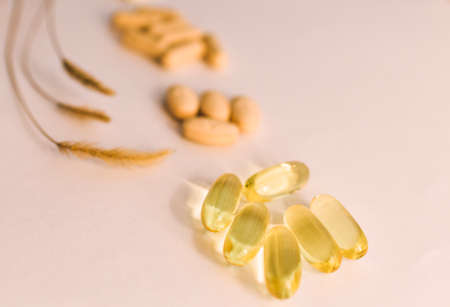 Close-up of yellow pills and spikelets on a white backgroundの写真素材