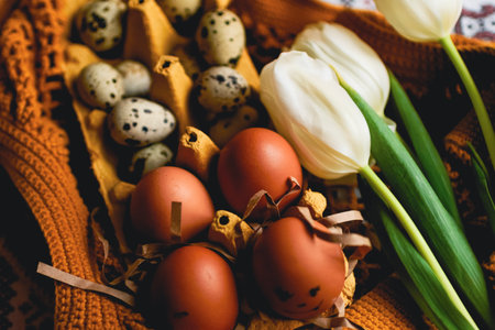 Easter eggs on rustic table with white tulips. high quality photo
