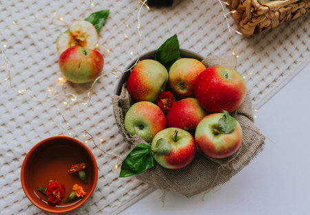 Still life with apples and honey on a white background, top viewの写真素材