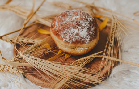 Delicious donuts with icing sugar on wooden board and ears of wheat.の写真素材