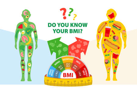 Weight loss concept. Body mass index. Before and after diet and fitness. Body with different weight. Healthy lifestyle.のイラスト素材