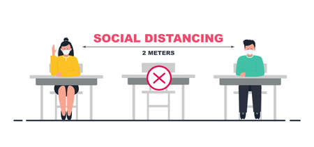 Social distancing at school. School students wearing masks.のイラスト素材