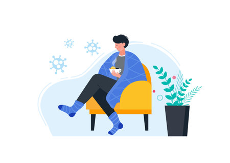 Sick man in warm clothes drinking hot tea with lemon.のイラスト素材