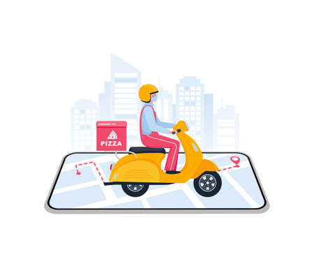 Fast delivery by scooter on mobile. Online food or pizza order. Order by phone. Tracking courier by map application.のイラスト素材