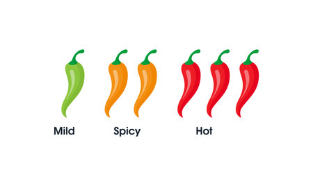 Spice level marks - mild, spicy and hot. Green and red chili pepper.のイラスト素材