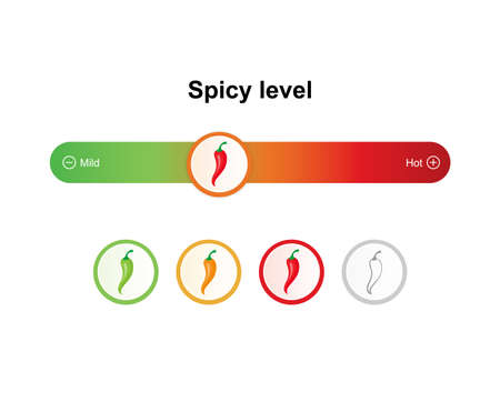 Level of spicy chili pepper. Spicy food level icons, mild, medium and extra hot.のイラスト素材