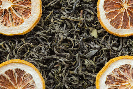 Tea herbs texture. Green tea. Organic dried green tea leaves.の写真素材