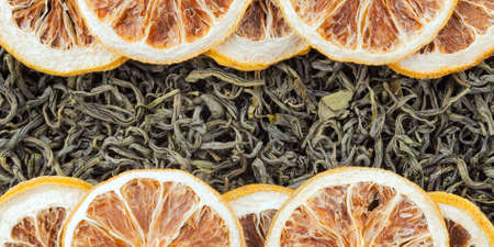 Tea herbs texture. Green tea. Organic dried green tea leaves.の写真素材