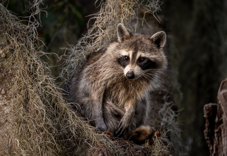 Portrait of a raccoon sitting in a tree in the forestの写真素材