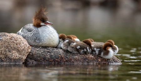 Great Crested Merganser, Merganser, with chicks on a rockの写真素材