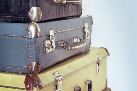 Set of old vintage suitcases close up. Place for textの写真素材
