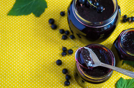 Fresh homemade black currant jam in jarsの写真素材