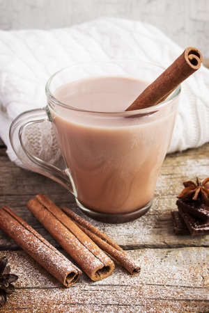 Hot cocoa with cinnamon sticks  on white backgroundの写真素材