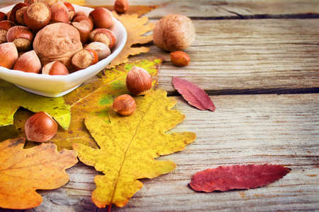 Bowl with nuts on the background of autumn leaves on the old wooden background. with space for textの写真素材