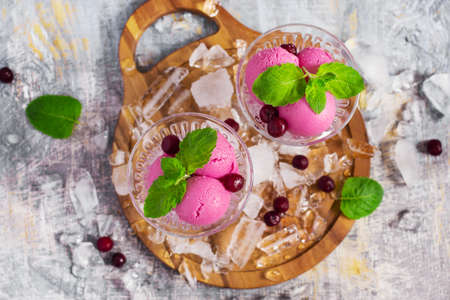 Balls berry ice cream in the ice-cream bowls, top view.の写真素材