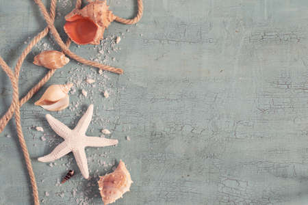 Marine items on vintage background, space for text, tinted.の写真素材