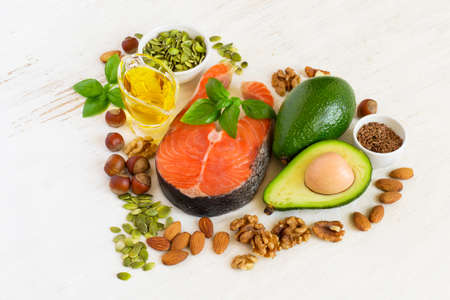 Food sources of omega 3 and healthy fats, healthy heart concept .