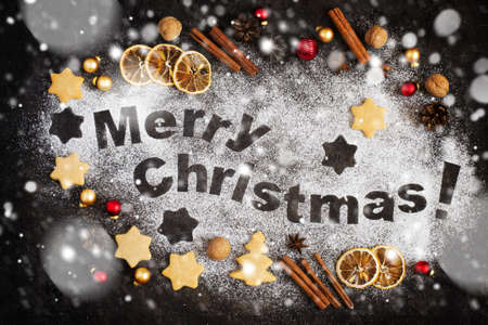 Card with gingerbread, Merry Christmas letters and Christmas toys, snowfall