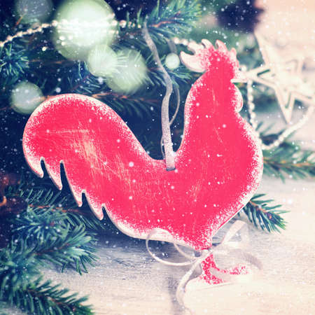 Homemade Christmas toy rooster. Tintedの写真素材