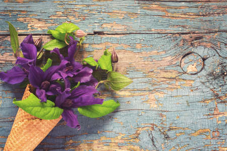 Bouquet of blue clematis in ice cream waffle cone closeup. Top vの写真素材