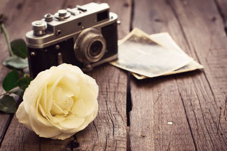 Yellow rose old photos and camera. Tinted, copy spaceの写真素材
