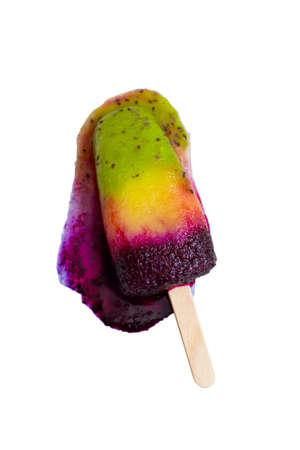 Melted Layers fruit Ice cream on stick isolated on white, natural summer dessertの写真素材