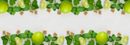 Ingredients for Mojito. Juicy lime, mint and brown sugar. Long banner format