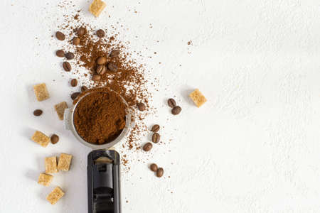 Background with cereal and ground coffee, Top view with copy spaceの写真素材