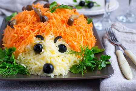 colorful salad is decorated in the form of a hedgehog. idea for children's menu. Selective focusの写真素材