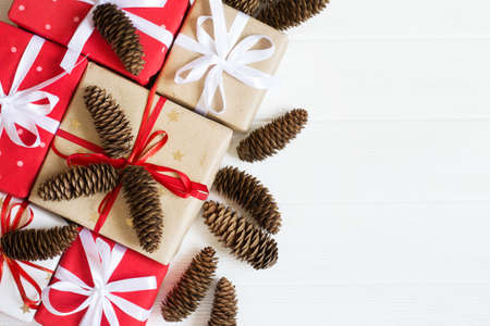 Festive decorated Christmas and New Year gifts.  Christmas whiteの写真素材