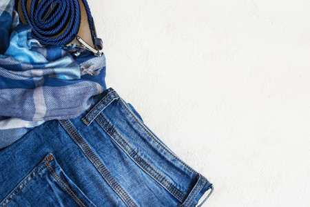 Flat lay Set of casual Unisex clothes on a white background. Top view with copy space.の写真素材