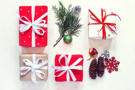 Christmas gift boxes collection Decorated with ribbons. Top view. Vintage toning.