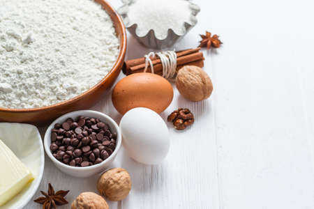 Ingredients for baking. Selection for cookies or muffins with chocolate drops, selective focus.