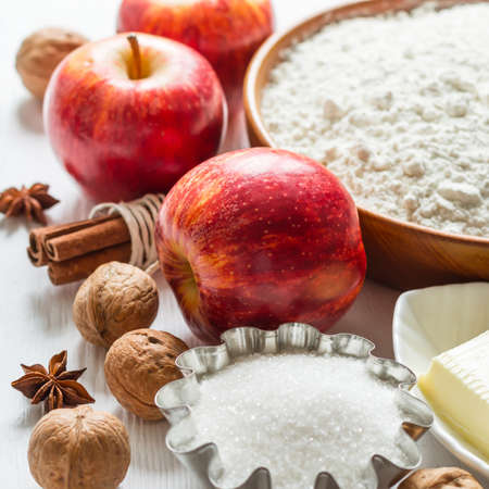 Ingredients for baking. Selection for Autumn pie or muffins with Apples and cinnamon, selective focus.の写真素材