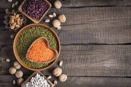 Sources of vegetable protein. collection of various legumes and nutsの写真素材