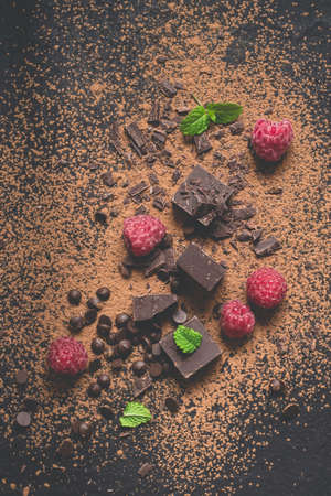 Pieces of dark chocolate, powder, drops and raspberries. Food dessert backgroundの写真素材