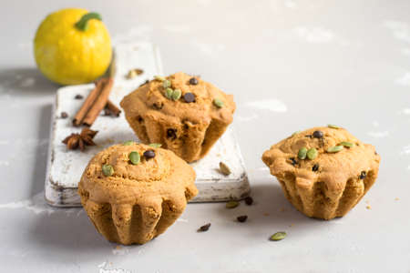 Autumn pumpkin muffins with spices, chocolate drops and pumpkin seedsの写真素材