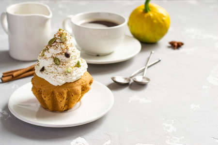 Autumn pumpkin muffins with spices, chocolate drops and pumpkin seedsの写真素材