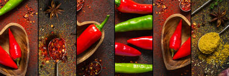 Collage with hot pepper and various spices, banner format.の写真素材