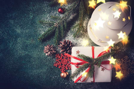 Christmas composition with lantern and gift. Xmas greeting cardの写真素材