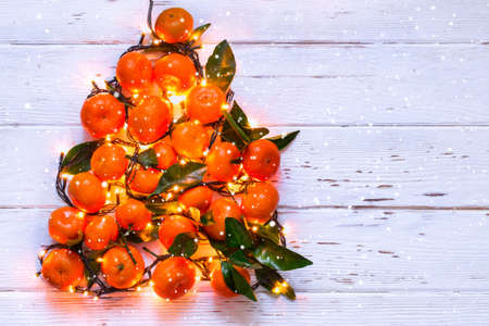 Christmas New Year tree of tangerines and burning garlands. の写真素材