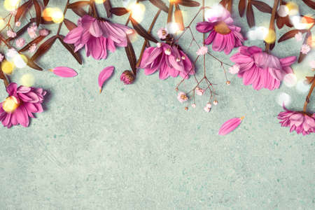Spring Summer Creative nature background. Pink flowers border on vintage blue background.の写真素材