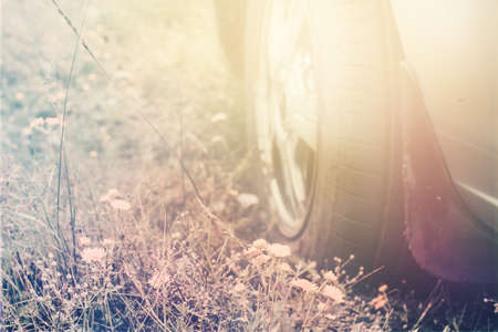 wheel of car closeup against background of meadow grass. Travel concept. Toned.の写真素材
