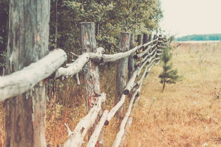 Rural landscape with rough fence, forest and meadow.の写真素材