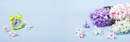 Spring Flowers Hyacinths and alarm clock. Springtime concept.の写真素材