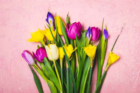 Multicolored spring flowers bouquet. Holiday greeting card.の写真素材