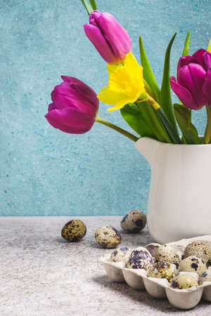 Spring bouquet of tulips and daffodils. Easter greeting card.