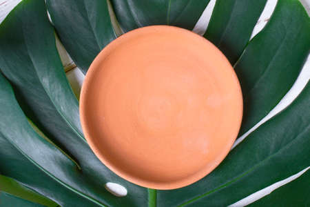 Empty ceramic handmade dish on a leaf of monsters.の写真素材