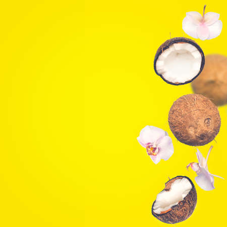 Yellow tropical summer background with falling coconuts and orchids flowers