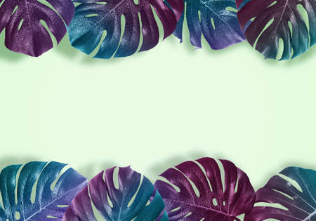 Creative tropical layout with pattern with gradient monster leaves. Toned
